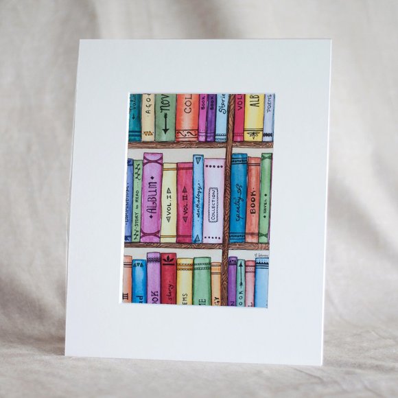 “The Bookshelf" 5x7 Watercolour Print With Mat - Picture 1 of 3